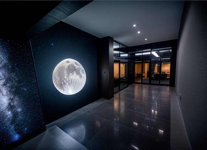  A high resolution photograph of a modern Office, hyper realistic, moonlit sky, starry background, artificial exterior lighting, illuminated windows, serene ambiance, subtle reflections, soft shadows, night time landscaping, clear night sky, captured with a high ISO setting, tranquil and mysterious atmosphere, detailed textures visible under moonlight, the interior of a caffee