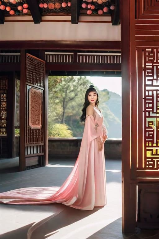  gufeng,bare shoulders,best quality,masterpiece,ultra high res,A beautiful with a Chinese face,solo,elegantly standing on the attic of an ancient Chinese building,looking diagonally at the streets,(medium s:1.1),age,Glossy hair,shiny hair,Hair fs,(full body), on,(:0.7),hanfu,tang style outfits,<lora:mix4:0.7>,<lora:more details:0.8>,<lora:koreanDollLikeness v15:0.5>, hyperrealistic, full body, detailed clothing, highly detailed, cinematic lighting, stunningly beautiful, intricate, sharp focus, f/1. 8, 85mm, (centered image composition), (professionally color graded), ((bright soft diffused light)), volumetric fog, trending on instagram, trending on tumblr, HDR 4K, 8K