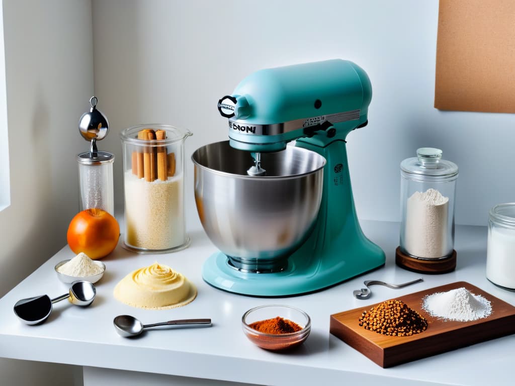  A minimalist, ultradetailed image of a pristine, gleaming kitchen counter complete with an array of baking tools meticulously organized: a sleek stand mixer, a set of measuring spoons, a digital kitchen scale, a flour sifter, and a rolling pin. The immaculate marble surface reflects the soft glow of undercabinet lighting, enhancing the ambiance of precision and professionalism. hyperrealistic, full body, detailed clothing, highly detailed, cinematic lighting, stunningly beautiful, intricate, sharp focus, f/1. 8, 85mm, (centered image composition), (professionally color graded), ((bright soft diffused light)), volumetric fog, trending on instagram, trending on tumblr, HDR 4K, 8K