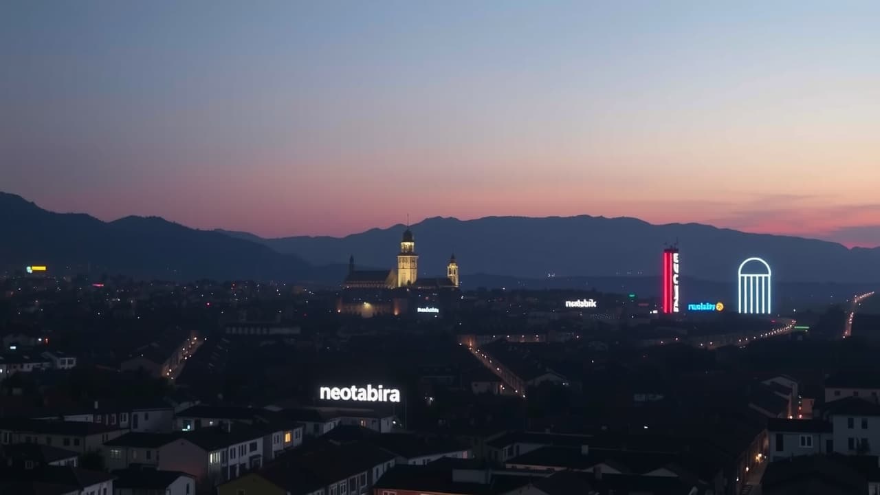  good quality, high quality, an aerial view of neotabira’s suburbs at dusk, with the sky turning dark purple. flickering lights from small markets barely brighten the decaying homes, while the skyline of the city’s medieval center glows faintly. a distant basque mountains bears a large banner with glowing letters reading "neotabira." neon signs of "euskalcorp" and "neurobank" dominate the skyline, casting cold blue and red lights over the sprawling suburbs.