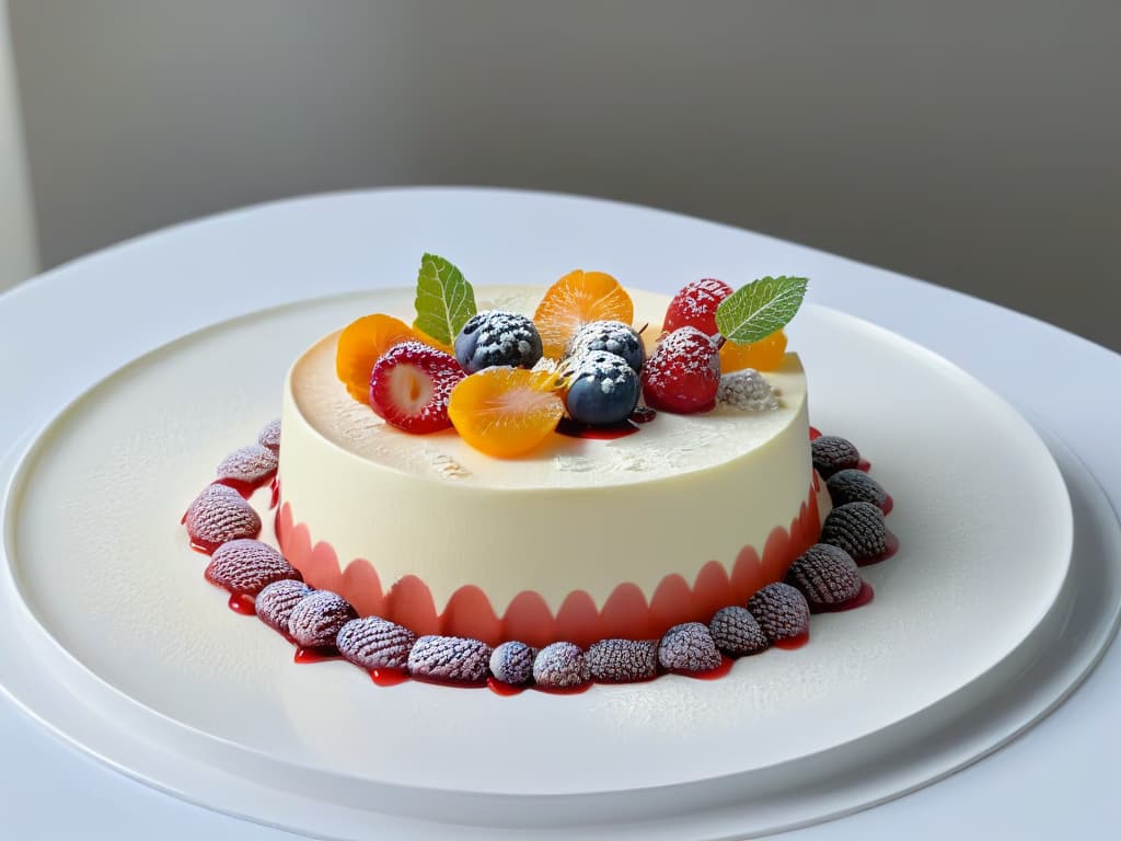  A highresolution image of a sleek, modern dessert platter featuring elegantly plated mousse and panna cotta in minimalist designs. The desserts are artistically arranged on a pristine white plate, with delicate drizzles of fruit coulis and sprinkles of edible flowers adding touches of color and sophistication. The background is a soft, neutral tone to enhance the clean lines and artistic presentation of the desserts, showcasing the beauty of minimalism in dessert design. hyperrealistic, full body, detailed clothing, highly detailed, cinematic lighting, stunningly beautiful, intricate, sharp focus, f/1. 8, 85mm, (centered image composition), (professionally color graded), ((bright soft diffused light)), volumetric fog, trending on instagram, trending on tumblr, HDR 4K, 8K