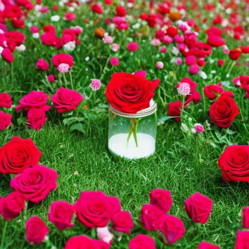 analog style glass jar with "cream", surrounded by red roses, on a "sunset" hyperrealistic, full body, detailed clothing, highly detailed, cinematic lighting, stunningly beautiful, intricate, sharp focus, f/1. 8, 85mm, (centered image composition), (professionally color graded), ((bright soft diffused light)), volumetric fog, trending on instagram, trending on tumblr, HDR 4K, 8K