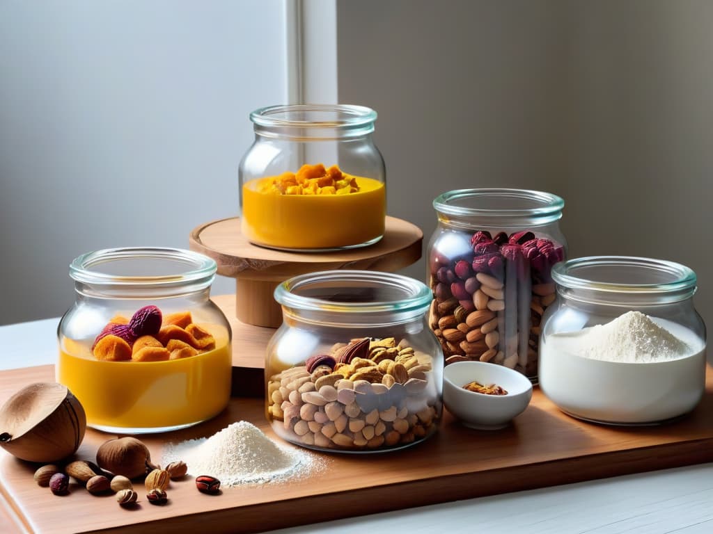  A highresolution, minimalist image of a variety of baking ingredients like flour, sugar, nuts, and dried fruits beautifully arranged in glass jars and containers on a light wooden tabletop. The natural light softly illuminates the scene, highlighting the textures and colors of the ingredients, creating a visually appealing and serene composition that embodies the concept of sustainable baking with bulk ingredients. hyperrealistic, full body, detailed clothing, highly detailed, cinematic lighting, stunningly beautiful, intricate, sharp focus, f/1. 8, 85mm, (centered image composition), (professionally color graded), ((bright soft diffused light)), volumetric fog, trending on instagram, trending on tumblr, HDR 4K, 8K