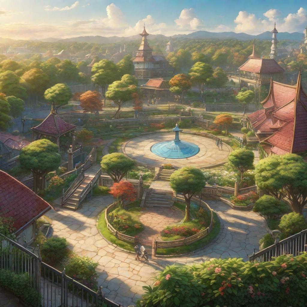  The picture shows a large playground next to a garden surrounded by a fence. Behind the fence there are many people., anime concept art by Hayao Miyazaki, featured on pixiv, fantasy art, concept art, official art, high detailed hyperrealistic, full body, detailed clothing, highly detailed, cinematic lighting, stunningly beautiful, intricate, sharp focus, f/1. 8, 85mm, (centered image composition), (professionally color graded), ((bright soft diffused light)), volumetric fog, trending on instagram, trending on tumblr, HDR 4K, 8K