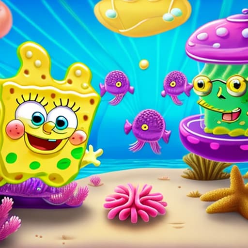  SpongeBob Squarepants and Patrick Star are catching jelly fish at the bikini bottom