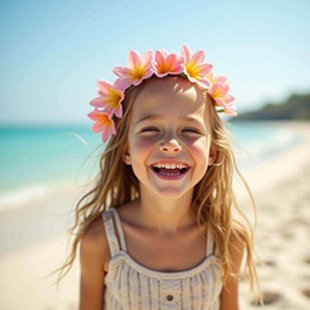  good quality, high quality, a joyous girl with a flower crown on a sunny beach enjoying the warm ocean breeze