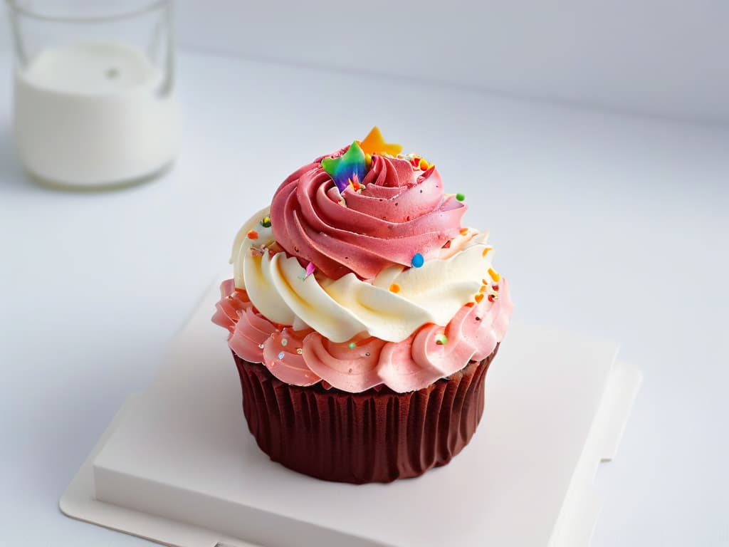  A minimalistic image of a vibrant pink cupcake with rainbow sprinkles, set against a clean white background, showcasing the intricate details of the frosting swirls and the texture of the sprinkles in ultrahigh resolution. hyperrealistic, full body, detailed clothing, highly detailed, cinematic lighting, stunningly beautiful, intricate, sharp focus, f/1. 8, 85mm, (centered image composition), (professionally color graded), ((bright soft diffused light)), volumetric fog, trending on instagram, trending on tumblr, HDR 4K, 8K