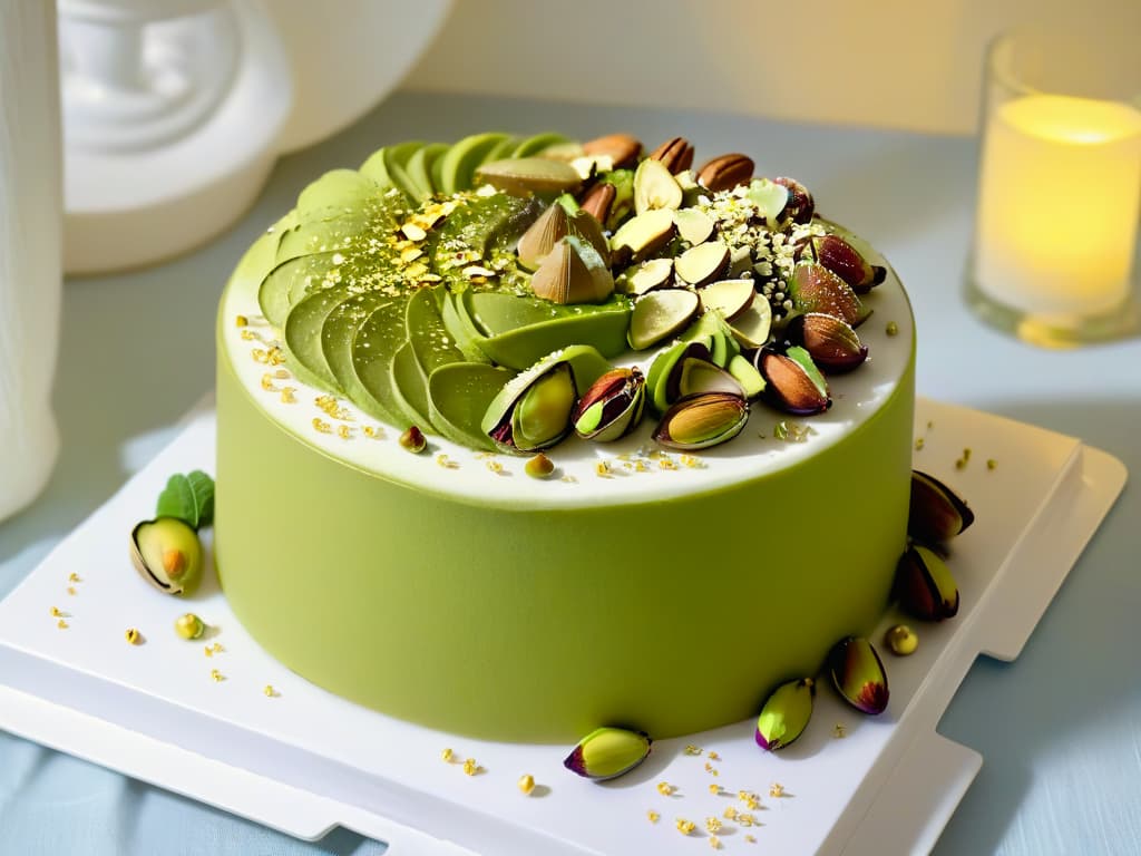  A highresolution, ultradetailed image of a decadent pistachio cake topped with a generous amount of crushed pistachios, surrounded by whole pistachios and elegant gold accents on a sleek, minimalist white plate. hyperrealistic, full body, detailed clothing, highly detailed, cinematic lighting, stunningly beautiful, intricate, sharp focus, f/1. 8, 85mm, (centered image composition), (professionally color graded), ((bright soft diffused light)), volumetric fog, trending on instagram, trending on tumblr, HDR 4K, 8K