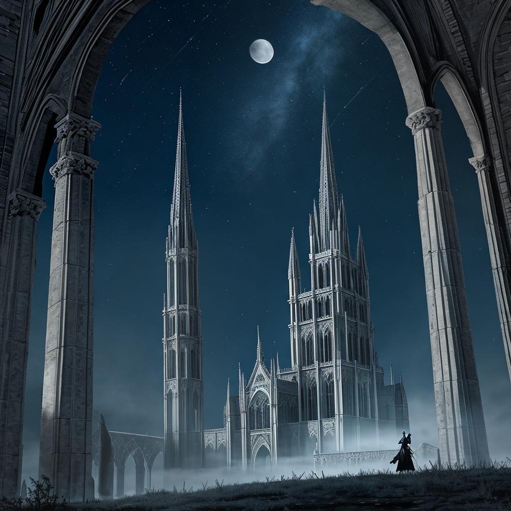  in a gothic aesthetic, Ethereal spires pierce the moonlit sky, as ancient arches weave tales of forgotten realms in a Gothic tapestry.