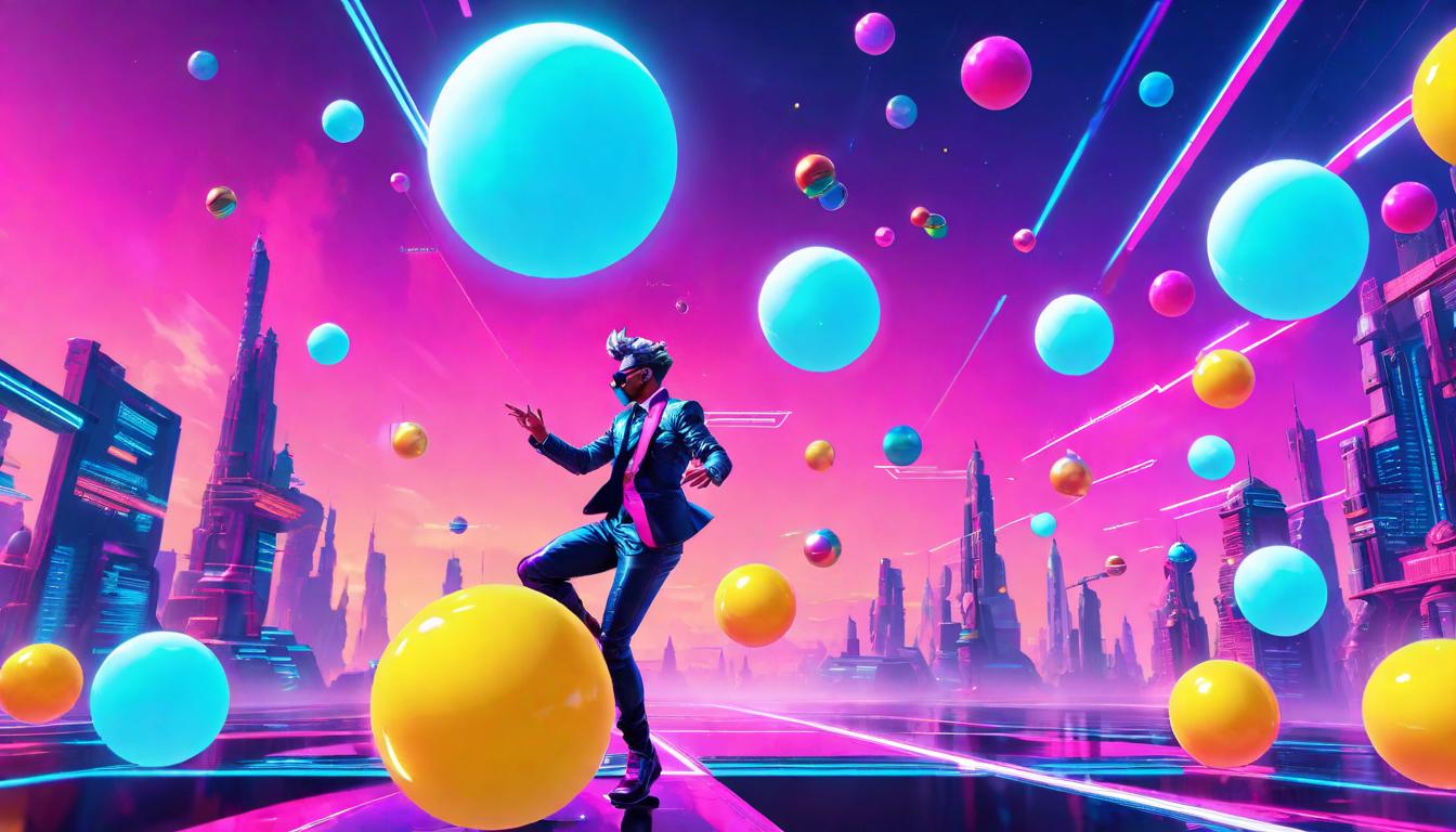  vaporwave,cyberpunk game style Juggler effortlessly balancing balls in the air, portraying the efficient balance of energy from well defined boundaries. Balls in smooth orbit, juggler focused, aura of mastery, ease in allocation.eon, dystopian, futuristic, digital, vibrant, detailed, high contrast, reminiscent of cyberpunk genre video games,retro aesthetic, cyberpunk, vibrant, neon colors, vintage 80s and 90s style, highly detailed