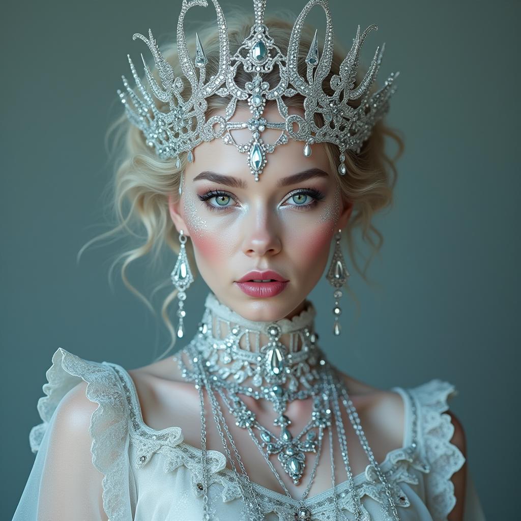  good quality, high quality, create an ethereal, hyper realistic, and otherworldly portrait of a regal figure, seamlessly blending futuristic and fantasy aesthetics. the figure is adorned in a flowing gown made of shimmering silver silk and velvet, with intricate lace and jewel encrusted details. her face is flawless, with perfect, symmetrical features, and her eyes hold a haunting yet enchanting expression, gleaming with soft, reflective light. her makeup features a gradient of metallic hues, blending soft pinks and silvers with icy blues. her lips are luminous, exuding a cold, regal beauty. a silver, spiked crown adorned with gemstones reminiscent of an art deco design sits upon her head, while delicate chains and crystals cascade down her