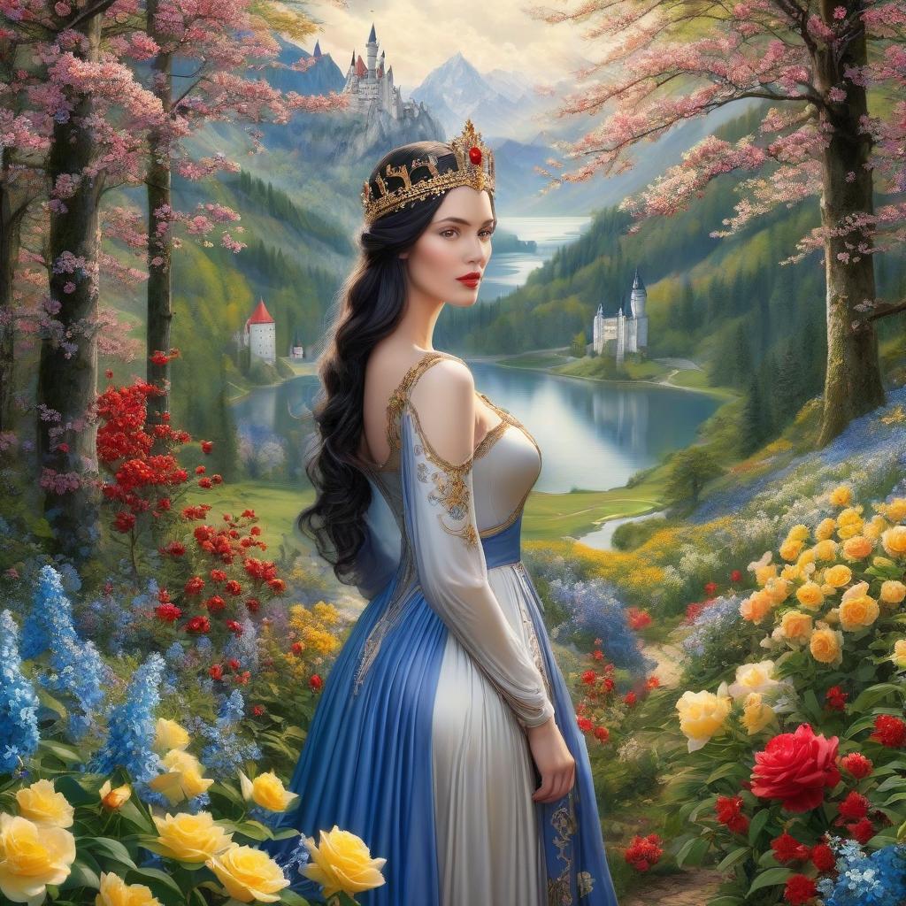  Neuschwanstein. Luthien Tinuviel. A very pretty girl. Forest, silver crown on her forehead. ((Sparkling rim)): spring field, hyacinths, roses, rosehips, rose hips, peonies, cherry tree, yellow, red, black flowers, forget me nots. Elaborate body parts, high detail, high processing. Proper hand imaging. A very pretty girl in a fitted silver dress that is narrow at the top but widens at the bottom. Feronniere. Flying ball gown, lightweight. Silk satin dress. A tiara on her forehead, wavy black hair, clear gray eyes. In the eyes of wisdom, beauty, nobility. Alfonso Mucha, Honoré Fargonard. hyperrealistic, full body, detailed clothing, highly detailed, cinematic lighting, stunningly beautiful, intricate, sharp focus, f/1. 8, 85mm, (centered image composition), (professionally color graded), ((bright soft diffused light)), volumetric fog, trending on instagram, trending on tumblr, HDR 4K, 8K