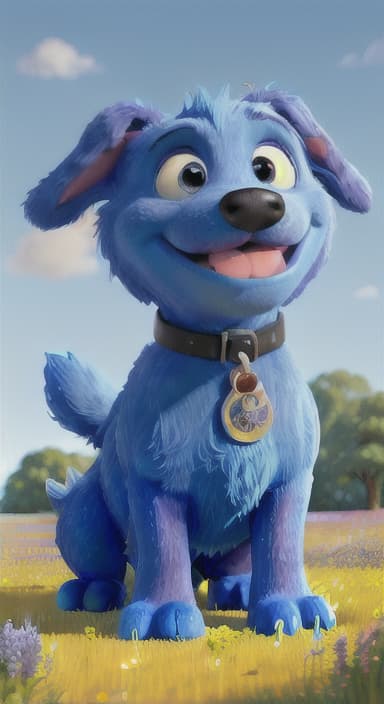  {A happy, big blue dog wagging its tail in a colorful meadow, The big blue dog is large with sky blue fur, big round eyes, a black nose, and floppy ears.