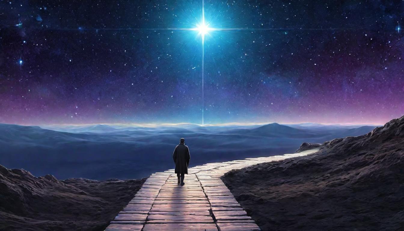  digital illustration, A pathway leading into a star filled horizon, walked by a solitary figure, essential deepening, journey to the stars, guided by cosmic light, path of enhancement, exploration and connection, looking at viewer, dynamic pose, (intricate details, masterpiece, best quality)