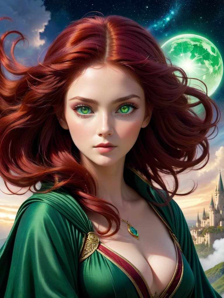  , , , , ethereal fantasy concept art of a women with green eyes and dark red hair teaching a class on magic . magnificent, celestial, ethereal, painterly, epic, majestic, magical, fantasy art, cover art, dreamy