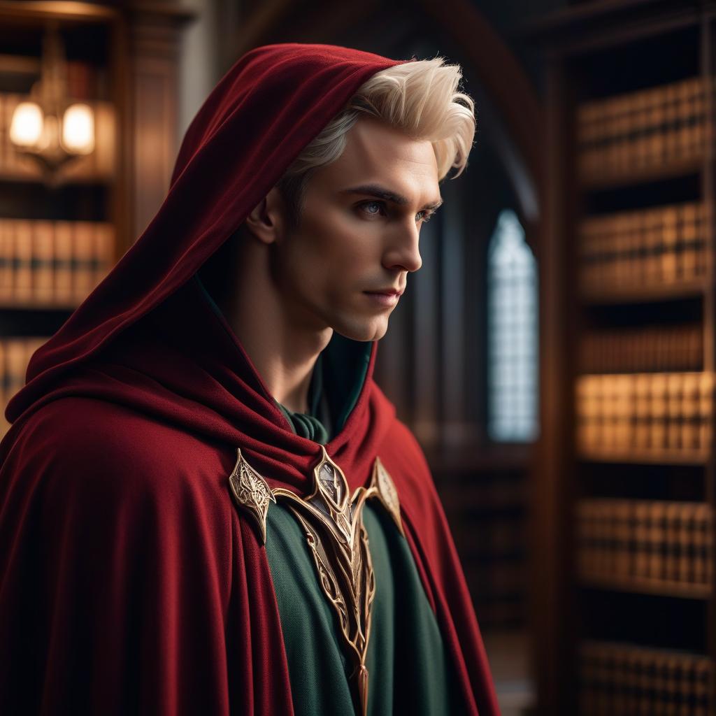  cinematic film still Highest elf, male, light hair, delicate facial features, in a cloak with hood, realistic anatomy, close up profile, DND style, art, realistic style, HDR, full HD, in hand a staff with a ball shaped top, in the background a library, photorealism. . shallow depth of field, vignette, highly detailed, high budget, bokeh, cinemascope, moody, epic, gorgeous, film grain, grainy hyperrealistic, full body, detailed clothing, highly detailed, cinematic lighting, stunningly beautiful, intricate, sharp focus, f/1. 8, 85mm, (centered image composition), (professionally color graded), ((bright soft diffused light)), volumetric fog, trending on instagram, trending on tumblr, HDR 4K, 8K