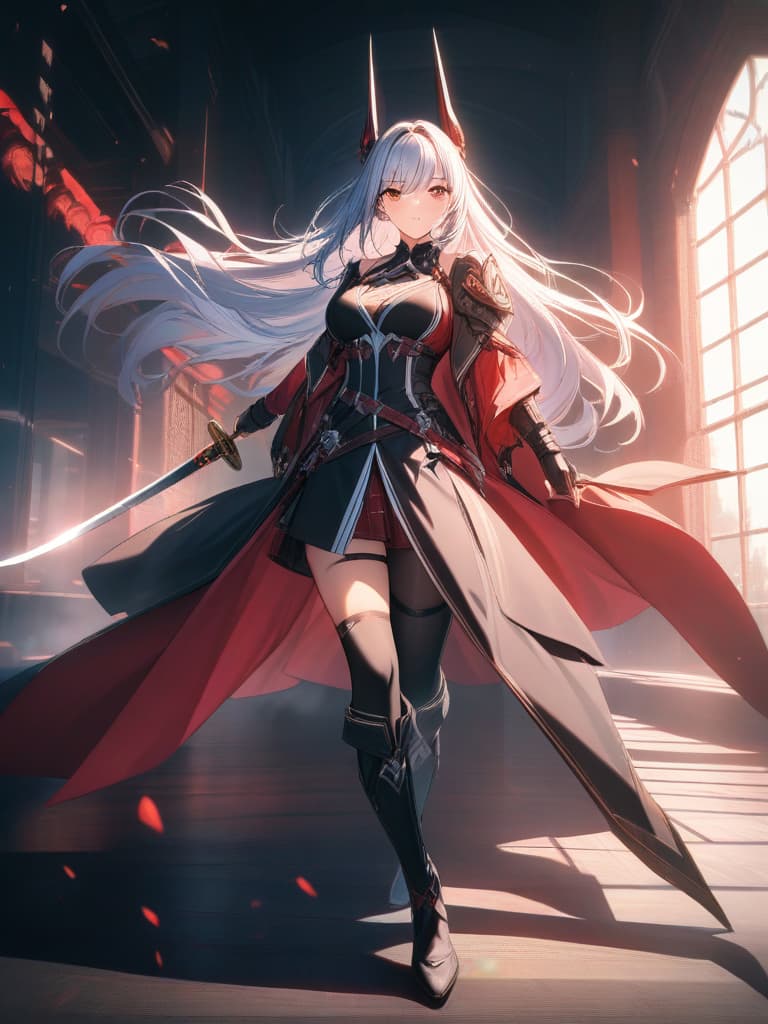  1girl,solo,long hair,thighhighs,holding,weapon,white hair,sword,holding weapon,headgear,holding sword,katana,, masterpiece, best quality,8k,ultra detailed,high resolution,an extremely delicate and beautiful,hyper detail hyperrealistic, full body, detailed clothing, highly detailed, cinematic lighting, stunningly beautiful, intricate, sharp focus, f/1. 8, 85mm, (centered image composition), (professionally color graded), ((bright soft diffused light)), volumetric fog, trending on instagram, trending on tumblr, HDR 4K, 8K