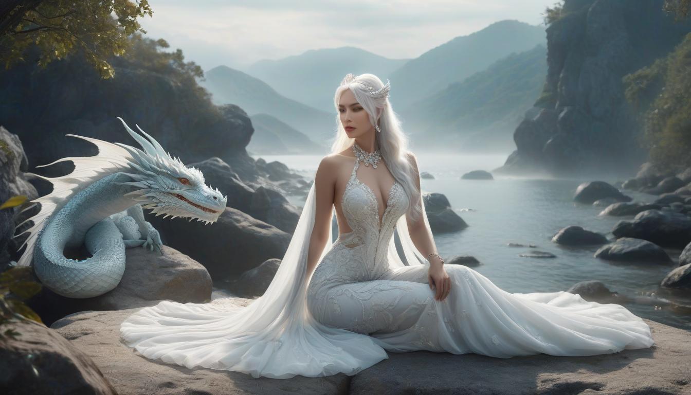  General plan: Water dragon with wings in the background, soft mist, a beautiful with very long white hair, slim figure, plump lips, a pearl wreath on her head lying on a large stone by the side in a tight fitting outfit, embroidered with many stones and pearls, white fabric, flowing fabric flowing in the wind in a photorealistic cinematic style. hyperrealistic, full body, detailed clothing, highly detailed, cinematic lighting, stunningly beautiful, intricate, sharp focus, f/1. 8, 85mm, (centered image composition), (professionally color graded), ((bright soft diffused light)), volumetric fog, trending on instagram, trending on tumblr, HDR 4K, 8K