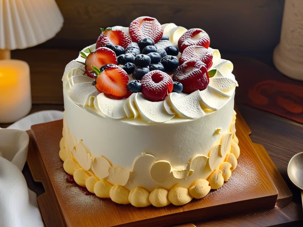  A closeup, ultradetailed image of a beautifully decorated tres leches cake, showcasing the moist layers soaked in three types of milk, topped with fluffy whipped cream rosettes and fresh berries. The cake is presented on a rustic wooden platter, emphasizing its traditional and indulgent nature, perfect for a classic dessert recipe collection. hyperrealistic, full body, detailed clothing, highly detailed, cinematic lighting, stunningly beautiful, intricate, sharp focus, f/1. 8, 85mm, (centered image composition), (professionally color graded), ((bright soft diffused light)), volumetric fog, trending on instagram, trending on tumblr, HDR 4K, 8K