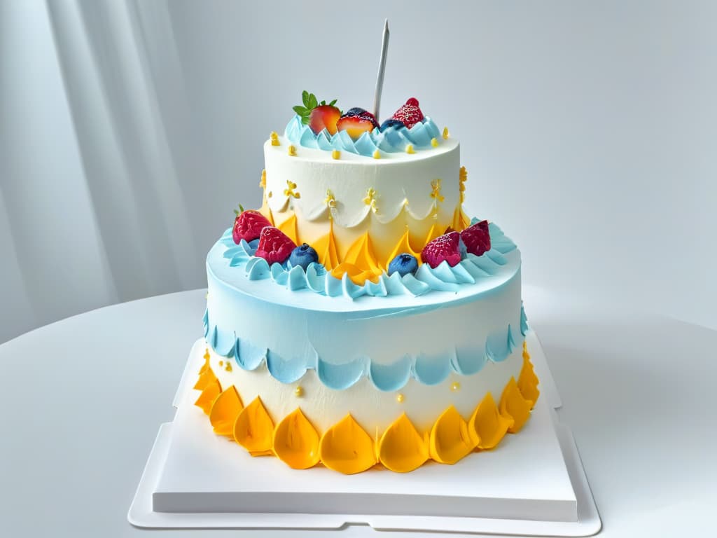  A closeup, ultradetailed image of a perfectly frosted and decorated multilayered cake, showcasing intricate piping work, delicate fondant decorations, and vibrant colors that pop against a clean, white background. hyperrealistic, full body, detailed clothing, highly detailed, cinematic lighting, stunningly beautiful, intricate, sharp focus, f/1. 8, 85mm, (centered image composition), (professionally color graded), ((bright soft diffused light)), volumetric fog, trending on instagram, trending on tumblr, HDR 4K, 8K