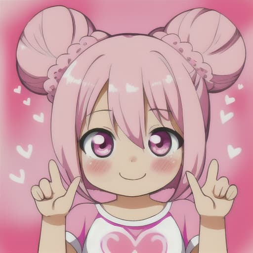  pink. twin bun hair. girl. chibi. cute. kawaii. background cute cosmetics. hands in heart pose. blurred blush painting. smile cute