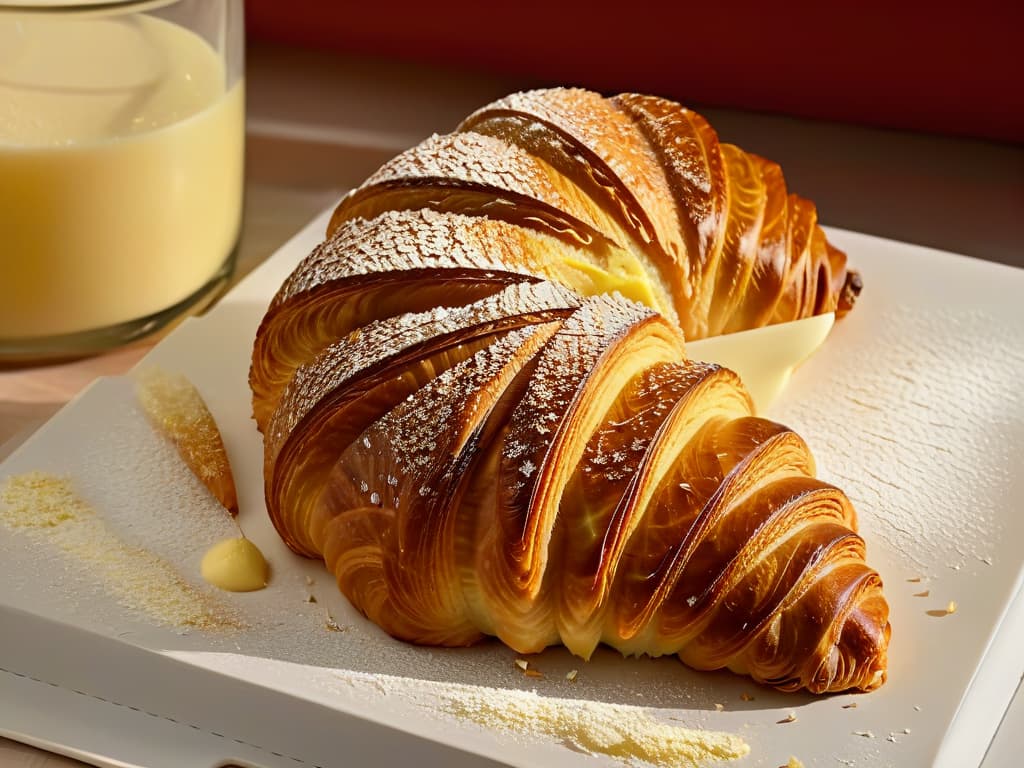  A closeup, ultradetailed image of a perfectly goldenbrown croissant fresh out of the oven, glistening with a light brush of butter and a sprinkle of powdered sugar. The flaky layers of the croissant are visible, showcasing the expert baking technique and the importance of a highquality oven in achieving such pastry perfection. hyperrealistic, full body, detailed clothing, highly detailed, cinematic lighting, stunningly beautiful, intricate, sharp focus, f/1. 8, 85mm, (centered image composition), (professionally color graded), ((bright soft diffused light)), volumetric fog, trending on instagram, trending on tumblr, HDR 4K, 8K