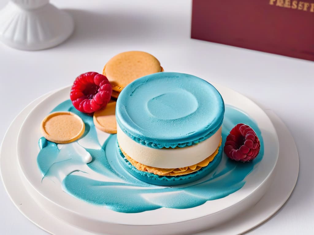  A sleek, minimalist dessert platter featuring a single exquisite, perfectly crafted macaron placed delicately in the center of the plate. The macaron is vibrant turquoise, contrasting beautifully against the clean white backdrop of the plate. Surrounding the macaron are subtle, artistic swirls of raspberry coulis, adding a pop of color and elegance to the overall presentation. The lighting is soft, casting a gentle glow on the dessert, highlighting its flawless design and inviting the viewer to admire its simplicity and sophistication. hyperrealistic, full body, detailed clothing, highly detailed, cinematic lighting, stunningly beautiful, intricate, sharp focus, f/1. 8, 85mm, (centered image composition), (professionally color graded), ((bright soft diffused light)), volumetric fog, trending on instagram, trending on tumblr, HDR 4K, 8K