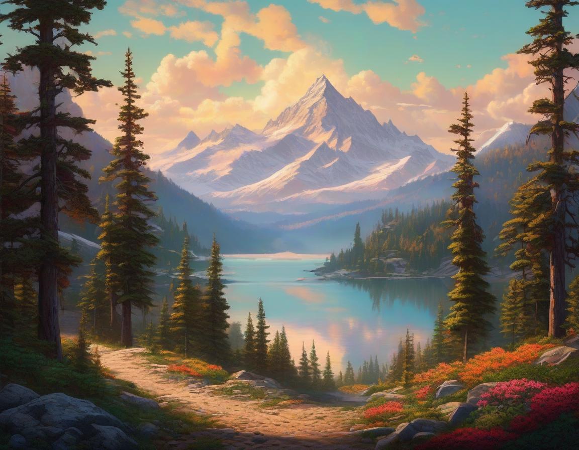  retro game art A wide gravel mountain road stretching out in the distance, beyond the horizon. To the left, a broad mountain lake. To the right, a dense forest. In the background are high mountains with sharp, snow covered peaks. Along the shores of the lake and in the forest, grow lush mountain flowers. In the sky, the sun shines brightly, illuminating the snow capped peaks and reflecting in the water. . 16 bit, vibrant colors, pixelated, nostalgic, charming, fun hyperrealistic, full body, detailed clothing, highly detailed, cinematic lighting, stunningly beautiful, intricate, sharp focus, f/1. 8, 85mm, (centered image composition), (professionally color graded), ((bright soft diffused light)), volumetric fog, trending on instagram, trending on tumblr, HDR 4K, 8K