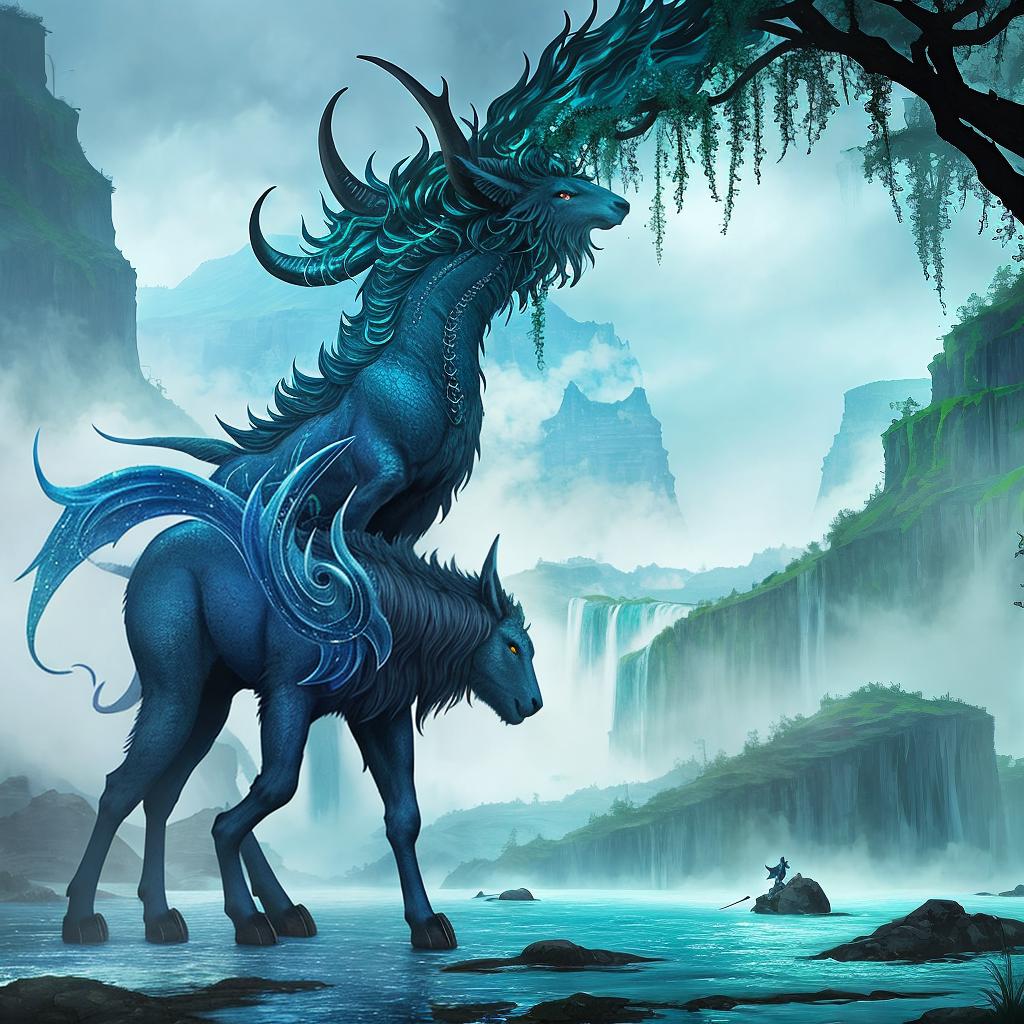  in a fantasy setting, Paint a surreal landscape where mythical beasts roam amidst cascading waterfalls.