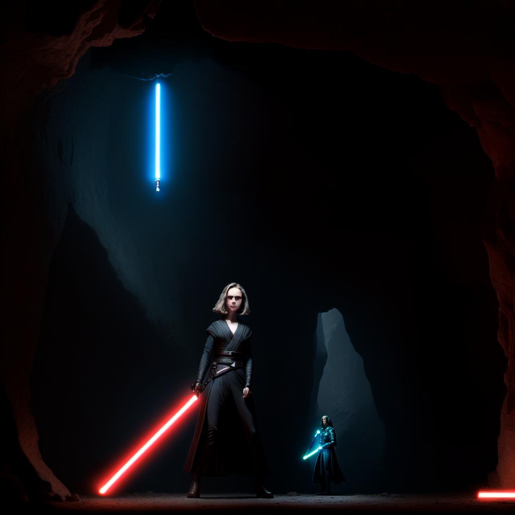  wide shot of Natalie Portman as a Jedi knight using her lightsaber to light up a dark cave