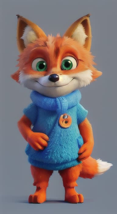  {Error the fox pressing the blue button with his paw, looking puzzled as nothing occurs., Error is a small, bright orange fox with a fluffy tail and big, inquisitive eyes. He has a mischievous yet kind expression and wears a tiny green scarf.