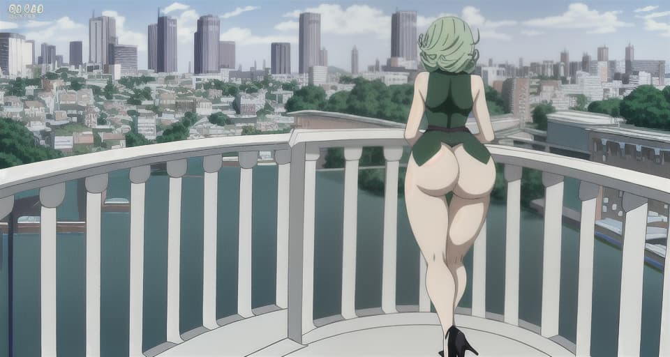  4k, Anime , 4k, ghibli Anime, detailed animation , tatsumaki view from behind, toned curvy legs, huge ass, walking pose, bare legs, heels, city background, bending over a balcony