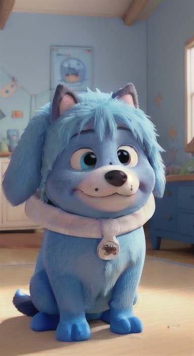  {Max snuggled up in his comfy dog bed inside the house, fast asleep, The big blue dog is large with sky blue fur, big round eyes, a black nose, and floppy ears.