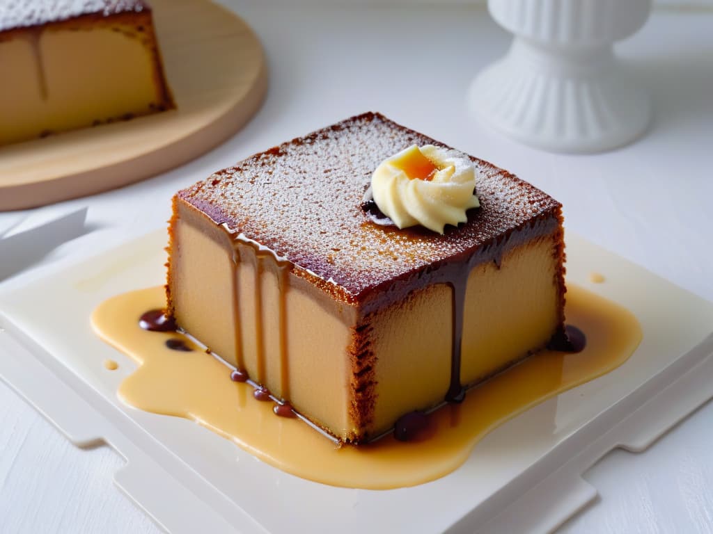  A closeup, ultradetailed image of a slice of Malva Pudding placed elegantly on a white minimalist plate. The pudding is garnished with a drizzle of warm custard, creating a glossy swirl pattern on top. The texture of the pudding is rich and moist, with visible specks of apricot and a goldenbrown caramelized edge. The plate is set on a sleek, matte black surface, enhancing the contrast and highlighting the decadent dessert. hyperrealistic, full body, detailed clothing, highly detailed, cinematic lighting, stunningly beautiful, intricate, sharp focus, f/1. 8, 85mm, (centered image composition), (professionally color graded), ((bright soft diffused light)), volumetric fog, trending on instagram, trending on tumblr, HDR 4K, 8K