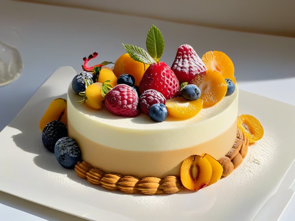  A closeup, ultradetailed image of a delicate, intricately designed dessert plated with precision on a minimalistic, white porcelain dish. The dessert features vibrant layers of colorful fruits, creamy textures, and shimmering edible gold accents, all meticulously arranged to create a visually stunning and appetizing composition. The lighting is soft yet highlighting the dessert's details, showcasing the fusion of art and science in inclusive pastrymaking. hyperrealistic, full body, detailed clothing, highly detailed, cinematic lighting, stunningly beautiful, intricate, sharp focus, f/1. 8, 85mm, (centered image composition), (professionally color graded), ((bright soft diffused light)), volumetric fog, trending on instagram, trending on tumblr, HDR 4K, 8K