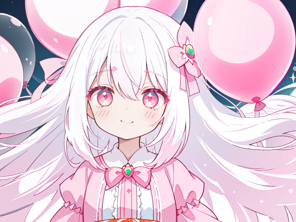  1 Girl, solo, white hair, dark pink, gradation, twosideup, long hair, smile, birthday, cute, cute, pink, balloons, celebration, red eyes, sauce eyes, masterpiece, best quality,8k,ultra detailed,high resolution,an extremely delicate and beautiful,hyper detail