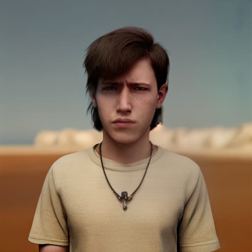 redshift style a sadly boy in a miserable mood and he has a big necklace which clothes in prison and site down on the sand