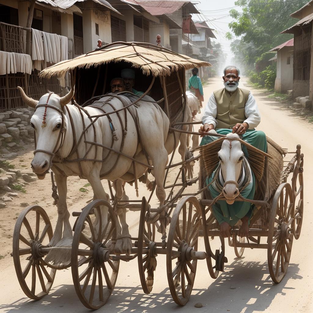  a man on bullock cart coming from the street of an Indian village