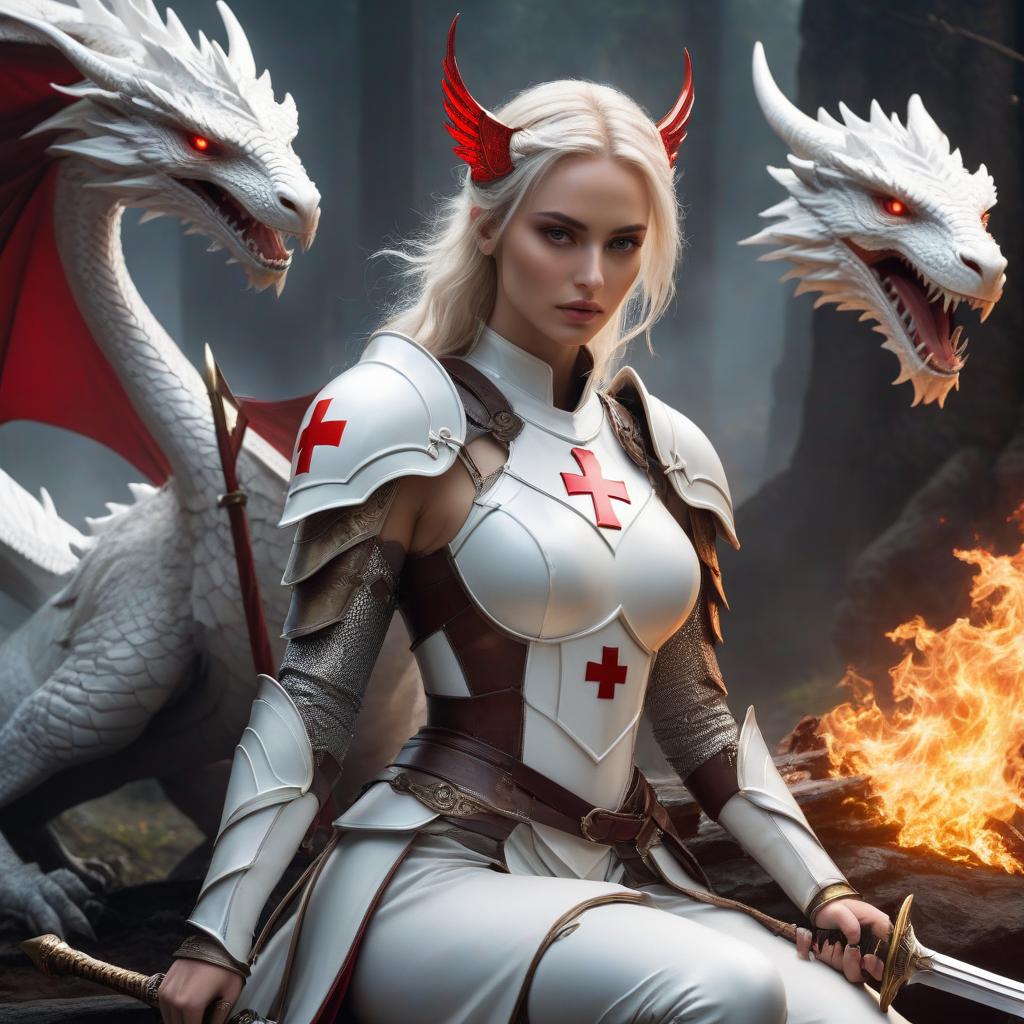  ethereal fantasy concept art of A tall girl, covered in light armor, white colored body armor, with a red cross depicted on her breastplate. Her face is covered by a metal mask, her hair white down to her shoulders. Sitting atop a white dragon. In her right hand, she holds a sword, while a purifying fire emanates from her left hand. . magnificent, celestial, ethereal, painterly, epic, majestic, magical, fantasy art, cover art, dreamy hyperrealistic, full body, detailed clothing, highly detailed, cinematic lighting, stunningly beautiful, intricate, sharp focus, f/1. 8, 85mm, (centered image composition), (professionally color graded), ((bright soft diffused light)), volumetric fog, trending on instagram, trending on tumblr, HDR 4K, 8K