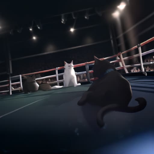  a dog and a cat in a boxing ring hyperrealistic, full body, detailed clothing, highly detailed, cinematic lighting, stunningly beautiful, intricate, sharp focus, f/1. 8, 85mm, (centered image composition), (professionally color graded), ((bright soft diffused light)), volumetric fog, trending on instagram, trending on tumblr, HDR 4K, 8K