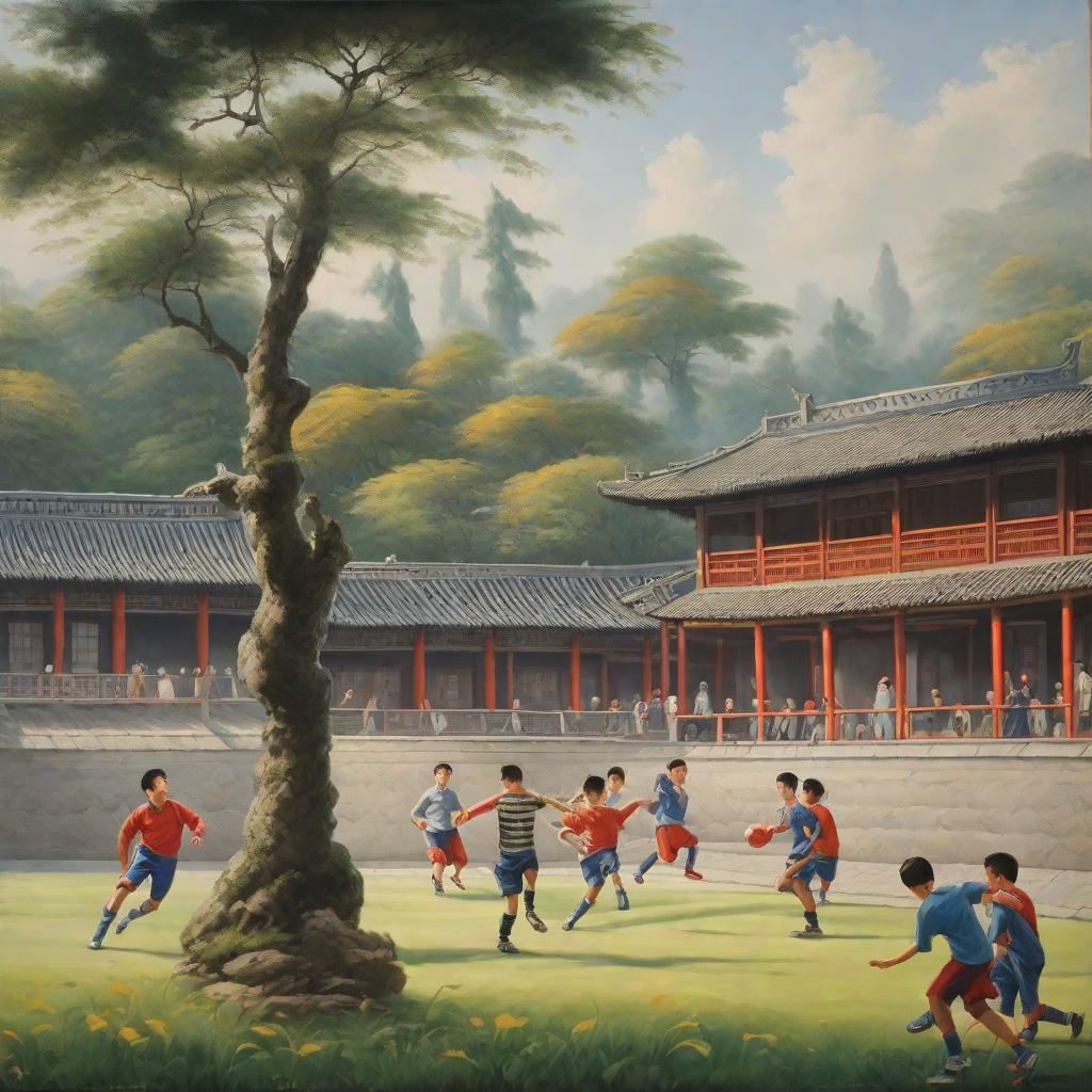  Masterpiece, best quality, set in the background of Zhenbei Terrace, a group of people playing football at Zhenbei Terrace