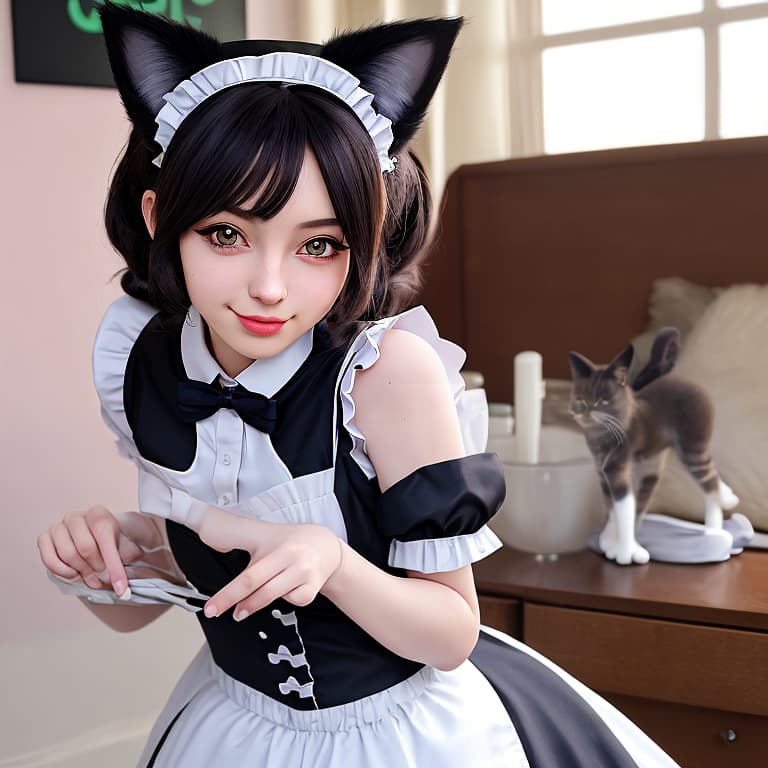  cute catgirl maid with minimal clothing, she is servicing me