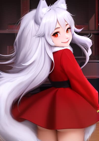  masterpiece, best quality, 1, solo, furry female, animal ears, long hair, tail, furry, red eyes, looking back, smile, white hair, , from behind, fang, looking at viewer, wolf ears, bookshelf, wolf tail, wolf , half closed eyes, dress, , body fur, red dress, fang out, closed mouth, s, cowboy shot, leaning forward, blush