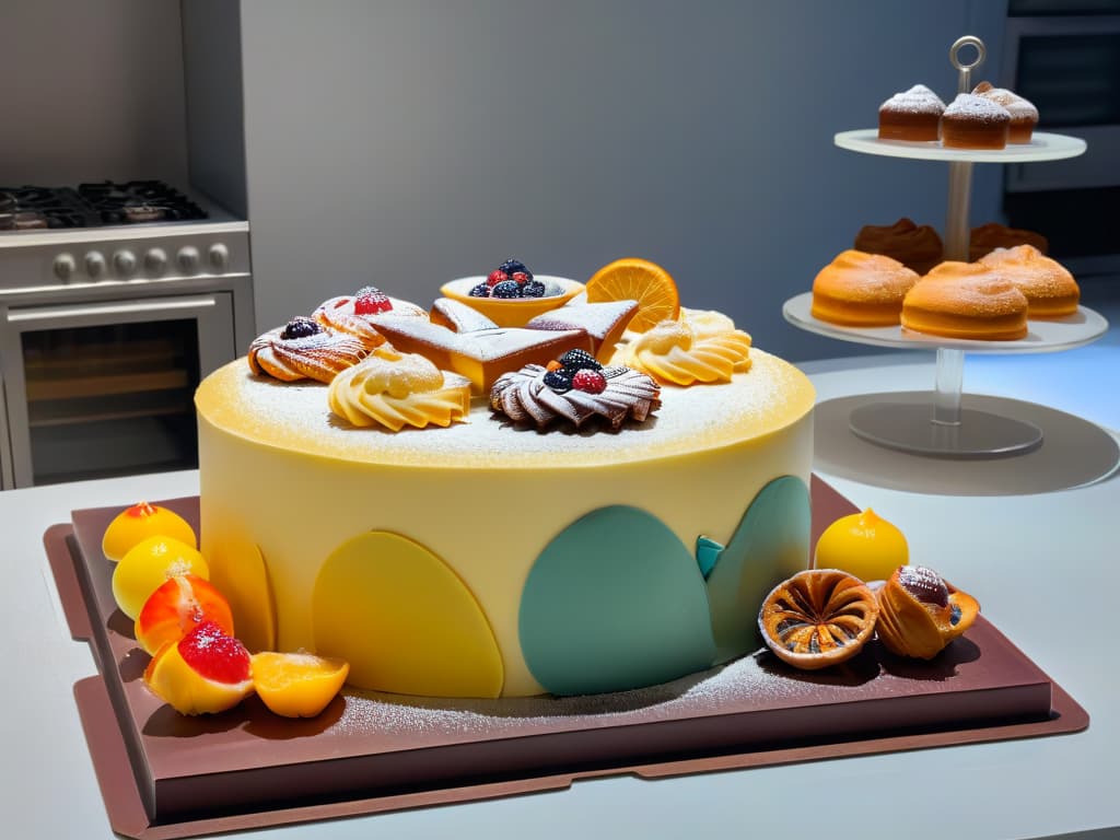  An ultradetailed, 8k resolution image of a sleek, modern kitchen island adorned with an array of vibrant, freshly baked pastries and desserts. The pastries are meticulously decorated with intricate designs, showcasing the artistry and creativity involved in pastry making. The minimalistic aesthetic of the kitchen island enhances the focus on the exquisite details of the treats, inviting viewers to immerse themselves in the world of creative pastry retreats. hyperrealistic, full body, detailed clothing, highly detailed, cinematic lighting, stunningly beautiful, intricate, sharp focus, f/1. 8, 85mm, (centered image composition), (professionally color graded), ((bright soft diffused light)), volumetric fog, trending on instagram, trending on tumblr, HDR 4K, 8K