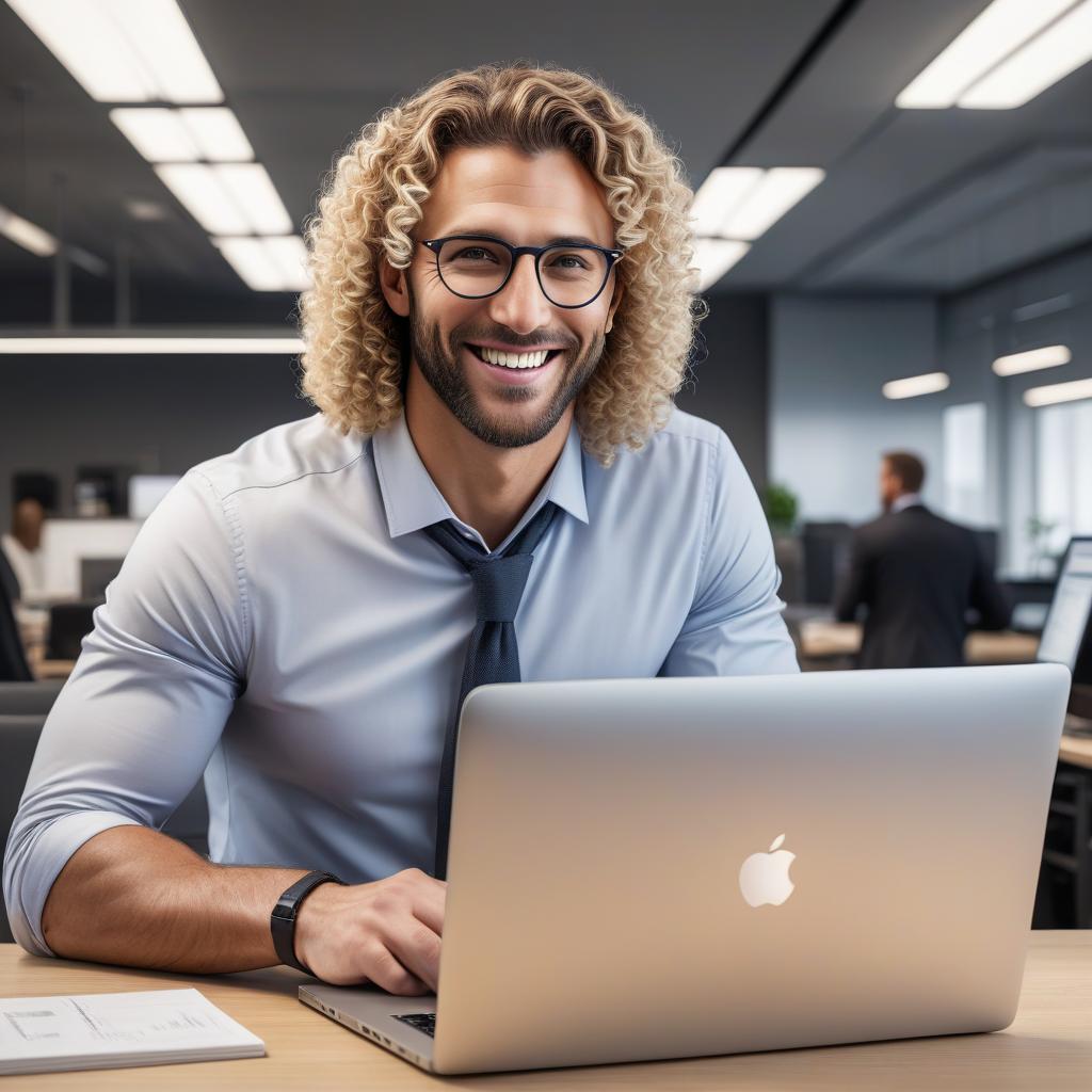  A man manager with curly eyes and light hair smiles at the frame, works on an Apple laptop, with a background of office furniture in light tones. hyperrealistic, full body, detailed clothing, highly detailed, cinematic lighting, stunningly beautiful, intricate, sharp focus, f/1. 8, 85mm, (centered image composition), (professionally color graded), ((bright soft diffused light)), volumetric fog, trending on instagram, trending on tumblr, HDR 4K, 8K