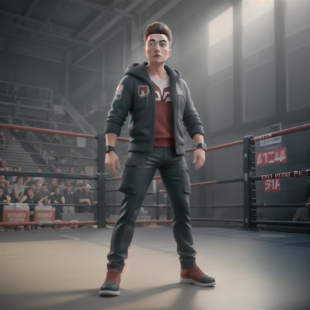  Elon musk as a mma fighter hyperrealistic, full body, detailed clothing, highly detailed, cinematic lighting, stunningly beautiful, intricate, sharp focus, f/1. 8, 85mm, (centered image composition), (professionally color graded), ((bright soft diffused light)), volumetric fog, trending on instagram, trending on tumblr, HDR 4K, 8K