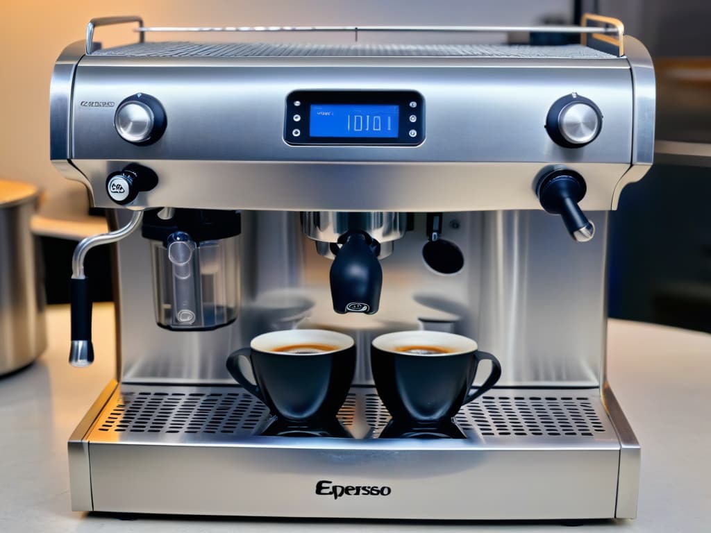  A closeup, ultradetailed image of a sleek, modern espresso machine in a luxurious kitchen setting. The machine is shiny silver with black accents, displaying intricate buttons and a steam wand. Steam gently rises from the espresso spout, creating a mesmerizing swirl against the backdrop of a marble countertop and soft, ambient lighting that highlights the machine's elegant design. hyperrealistic, full body, detailed clothing, highly detailed, cinematic lighting, stunningly beautiful, intricate, sharp focus, f/1. 8, 85mm, (centered image composition), (professionally color graded), ((bright soft diffused light)), volumetric fog, trending on instagram, trending on tumblr, HDR 4K, 8K