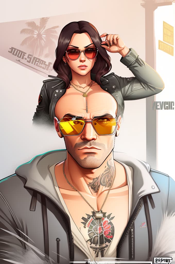  gtav style, (best quality), ((artwork-gta5 heavily stylized)), poster design, detailed, highly detailed, sunglasses, masterpiece, highres