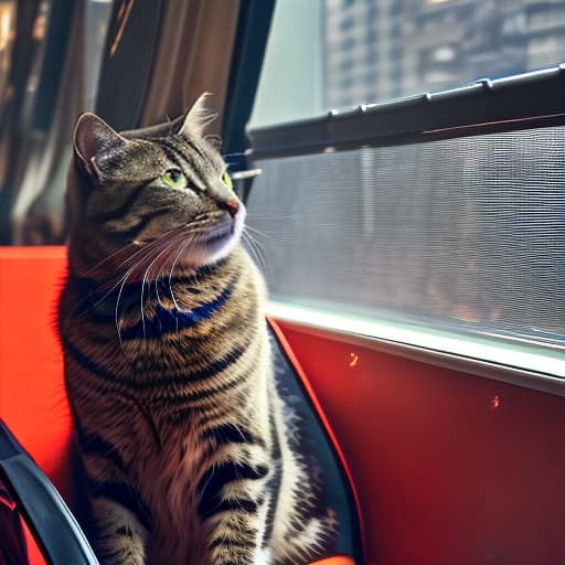 nvinkpunk Realistic image of a cat wearing headphones and reading glasses while riding a bus. hyperrealistic, full body, detailed clothing, highly detailed, cinematic lighting, stunningly beautiful, intricate, sharp focus, f/1. 8, 85mm, (centered image composition), (professionally color graded), ((bright soft diffused light)), volumetric fog, trending on instagram, trending on tumblr, HDR 4K, 8K