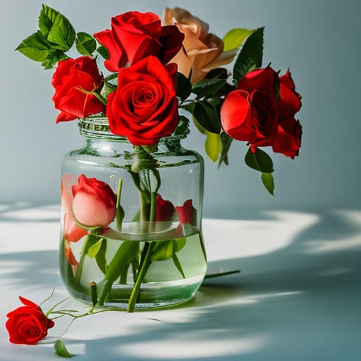 analog style glass jar with cream, surrounded by red roses, on a "sunset" hyperrealistic, full body, detailed clothing, highly detailed, cinematic lighting, stunningly beautiful, intricate, sharp focus, f/1. 8, 85mm, (centered image composition), (professionally color graded), ((bright soft diffused light)), volumetric fog, trending on instagram, trending on tumblr, HDR 4K, 8K